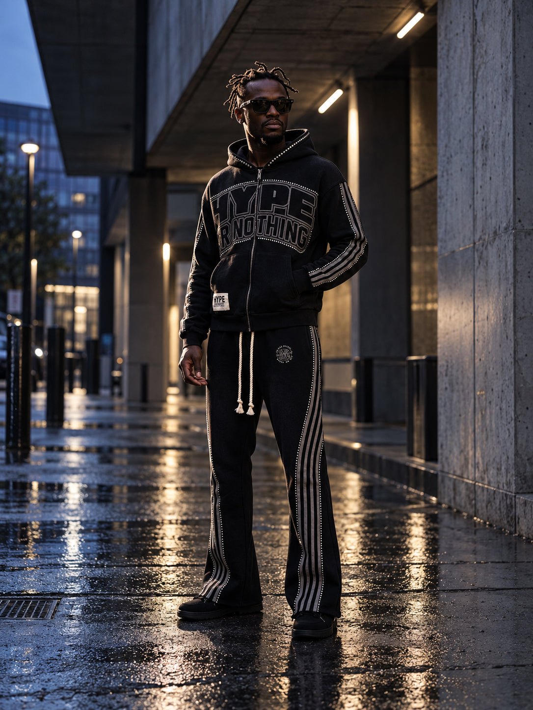 Homme portant l'ensemble jogging noir à strass Hype Or Nothing DIFFERENT, sweat à capuche et pantalon à bandes, sous une galerie la nuit – DIFFERENT Paris
