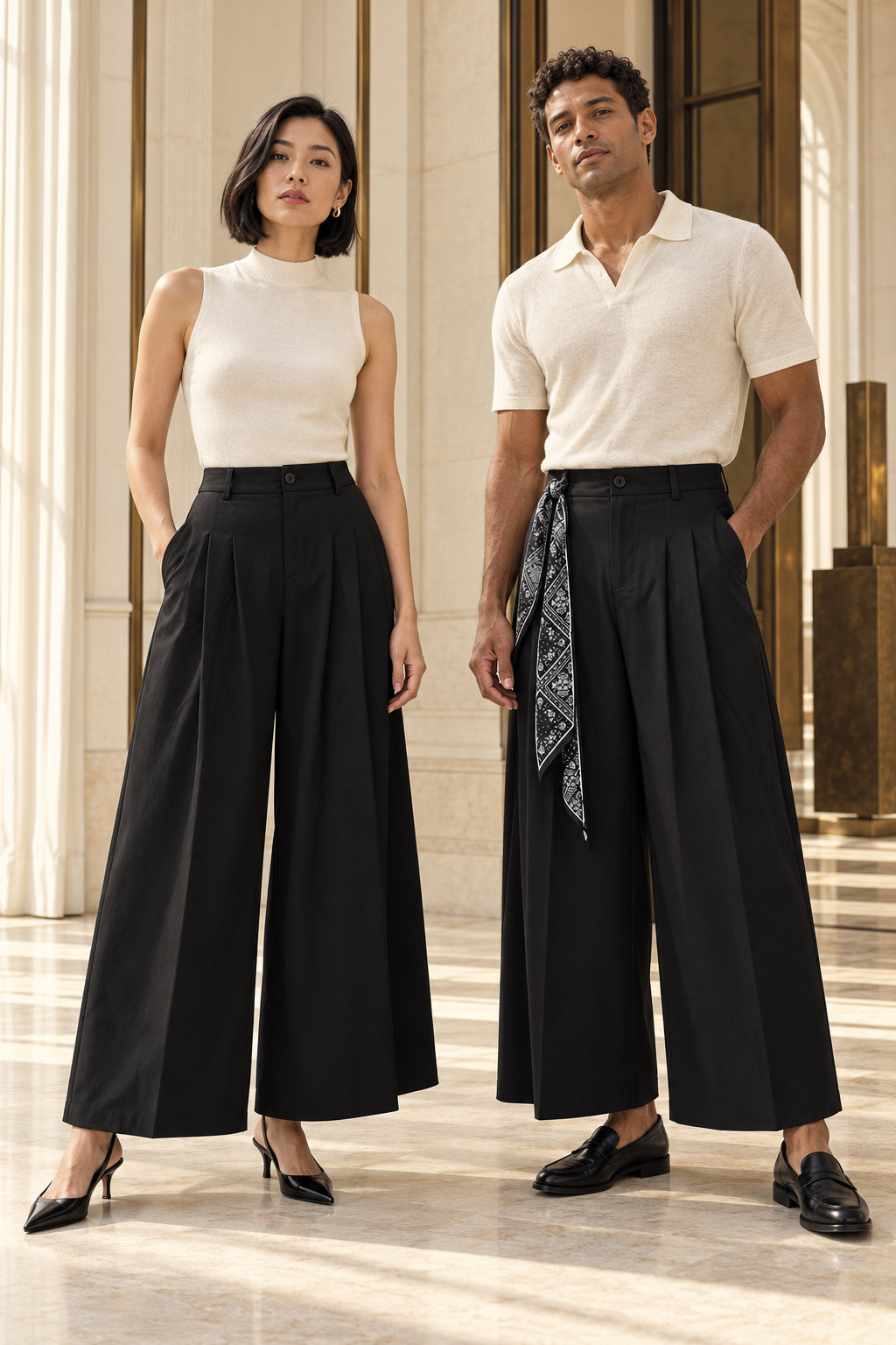Pantalon large noir style japonais porté par une femme et un homme, avec foulard bandana