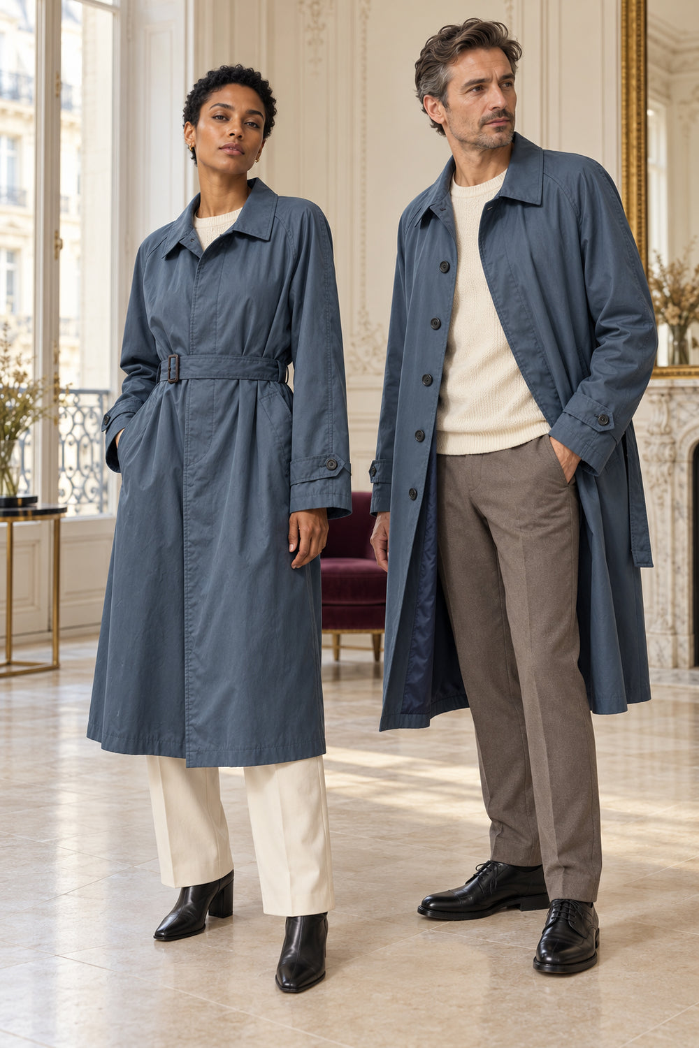 Trench long bleu ardoise ceinturé – Pièce unique unisexe