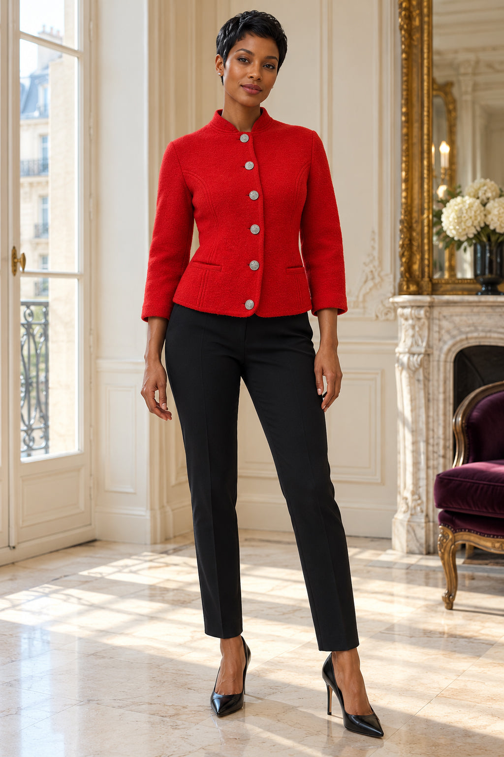 Veste courte en pure laine rouge col officier portée de face