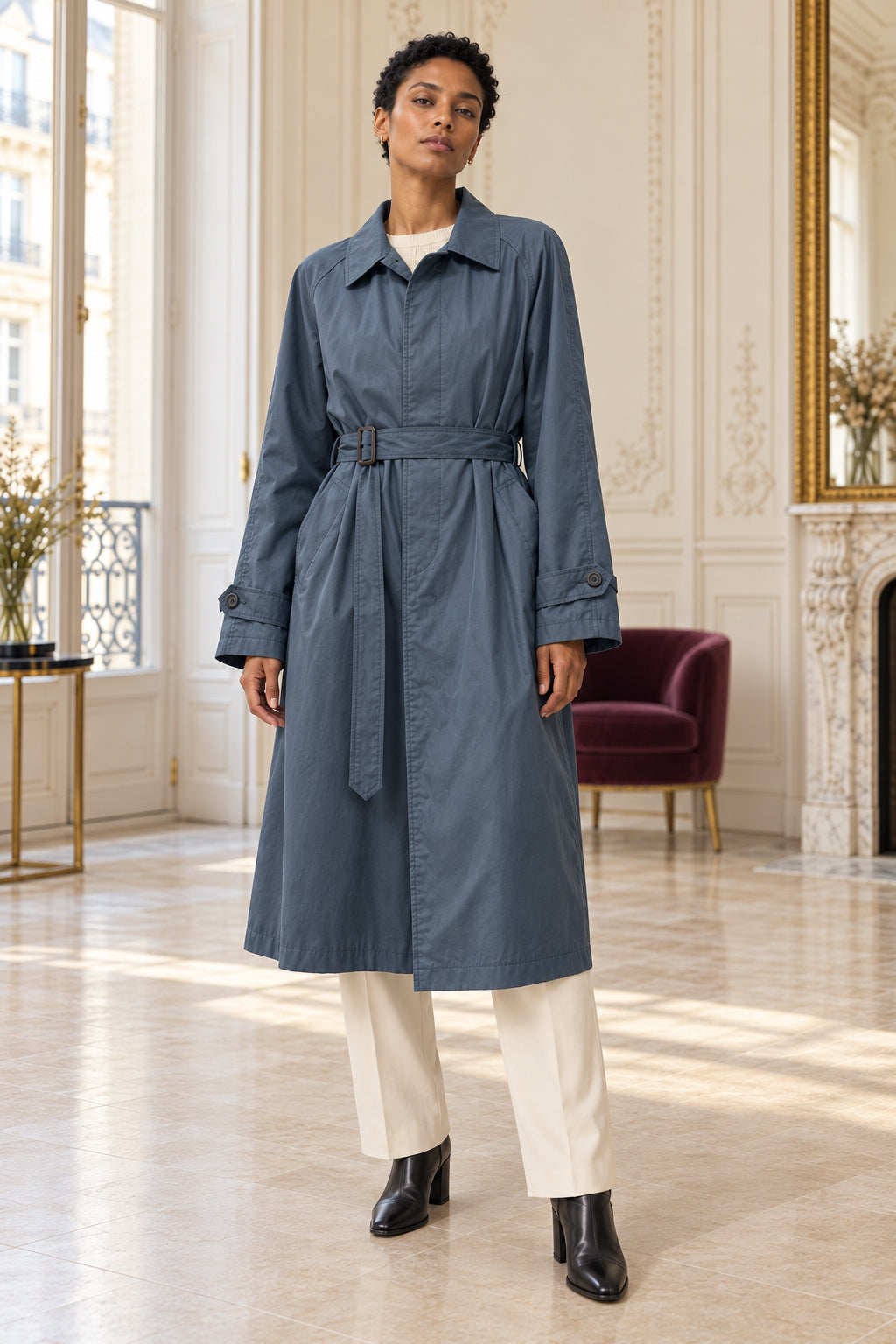 Trench bleu ardoise ceinturé porté de face par une femme