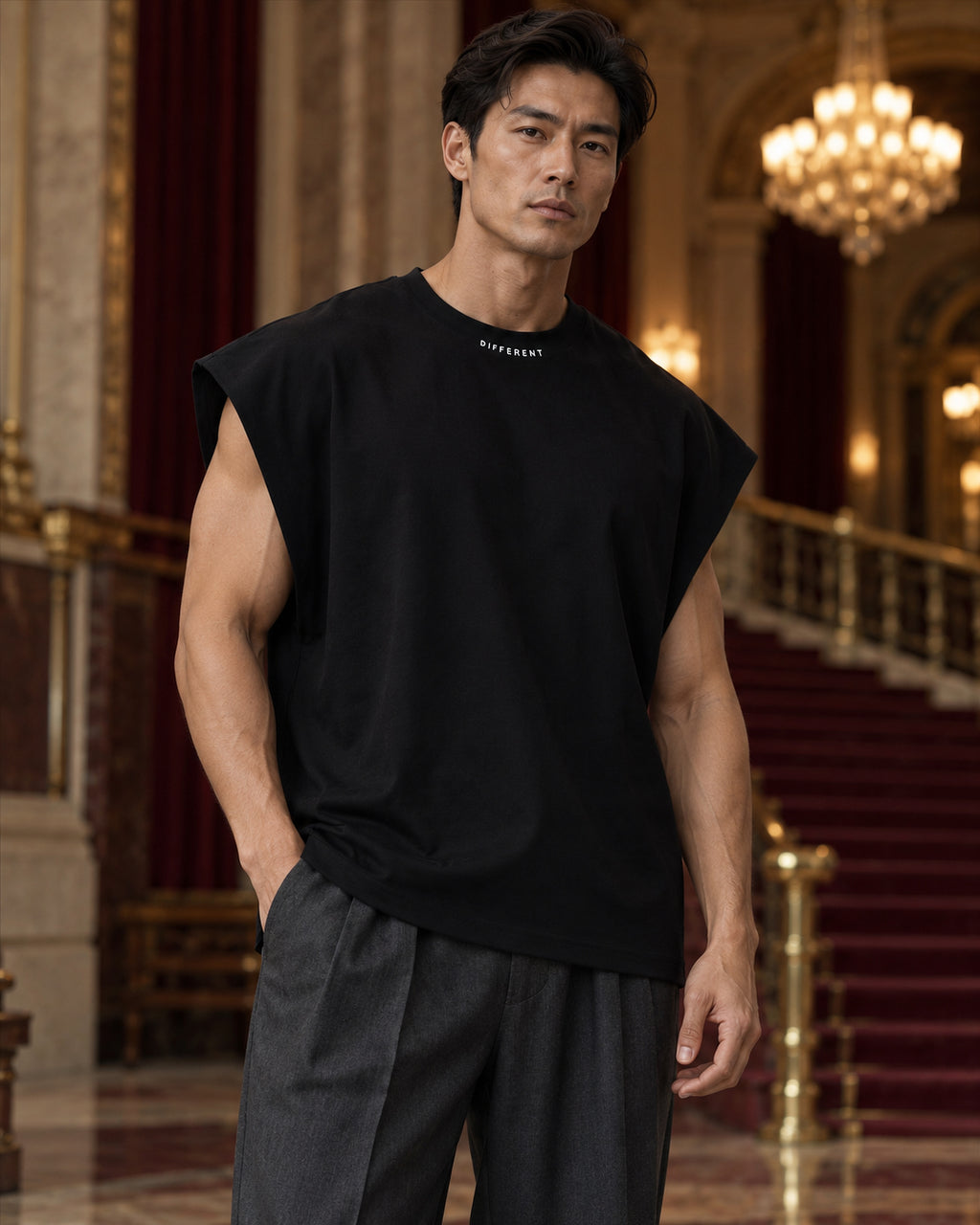 Homme portant le t-shirt sans manches oversize noir DIFFERENT avec pantalon de costume gris, dans le hall d'un opéra – DIFFERENT Paris