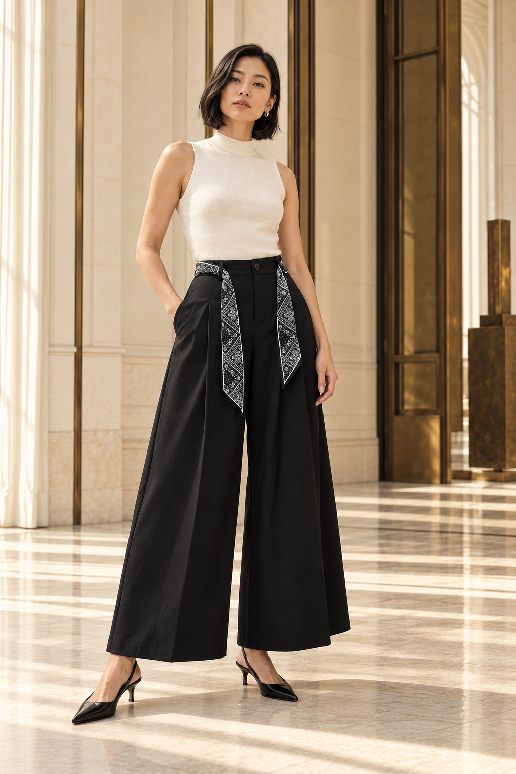 Pantalon style japonais noir avec foulard bandana noué, pans libres