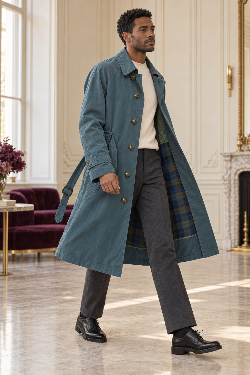 Trench long unisexe porté ouvert par un homme, doublure tartan visible