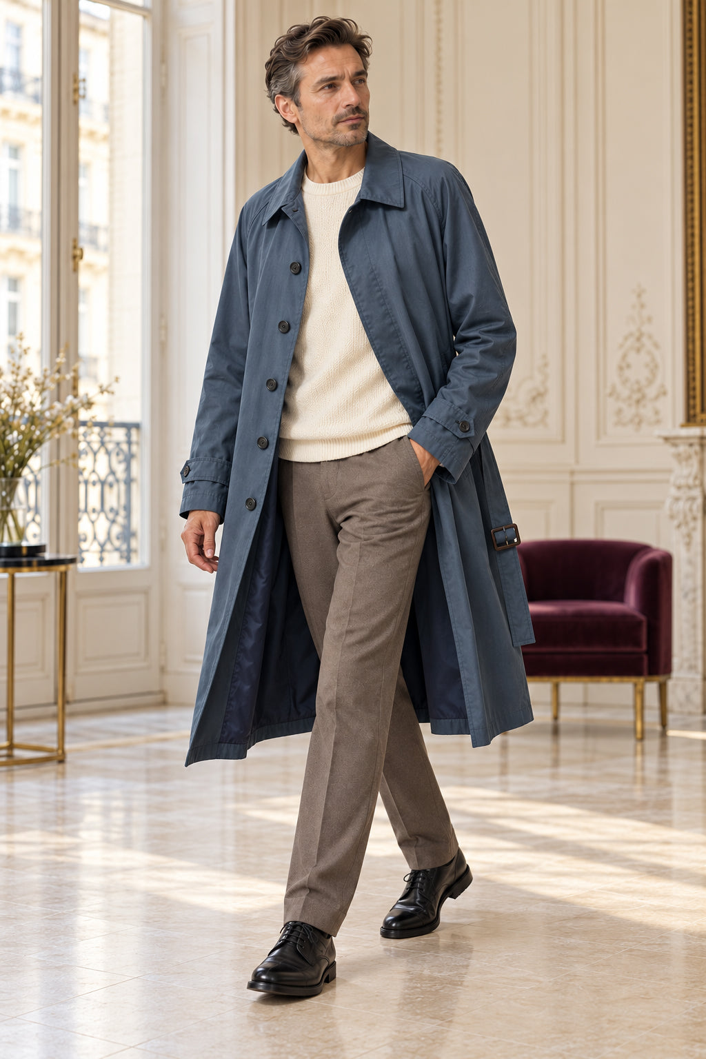 Trench long bleu ardoise porté ouvert par un homme en mouvement