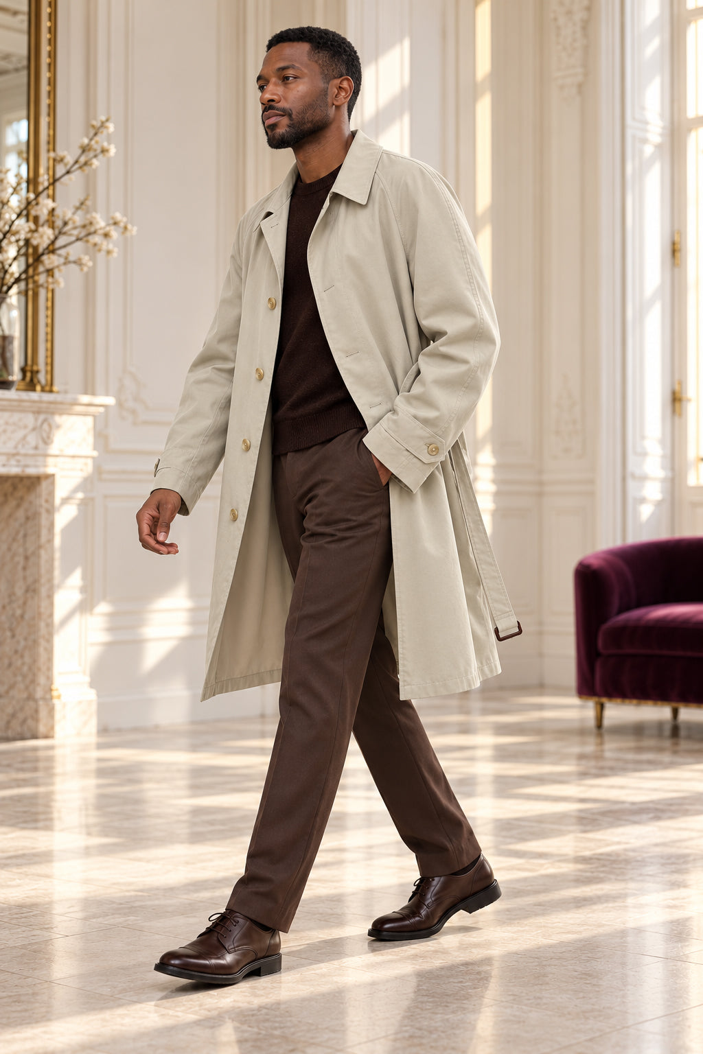 Trench long beige porté ouvert par un homme en mouvement