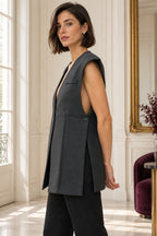 Lange mouwloze gilet antraciet – V-hals – Dames