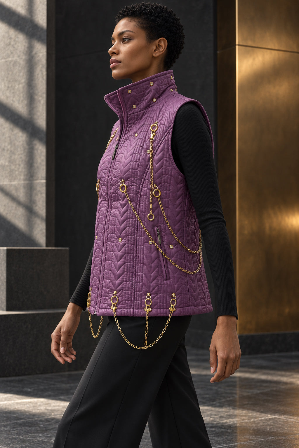 Gilet matelassé prune vu de profil, col montant zippé