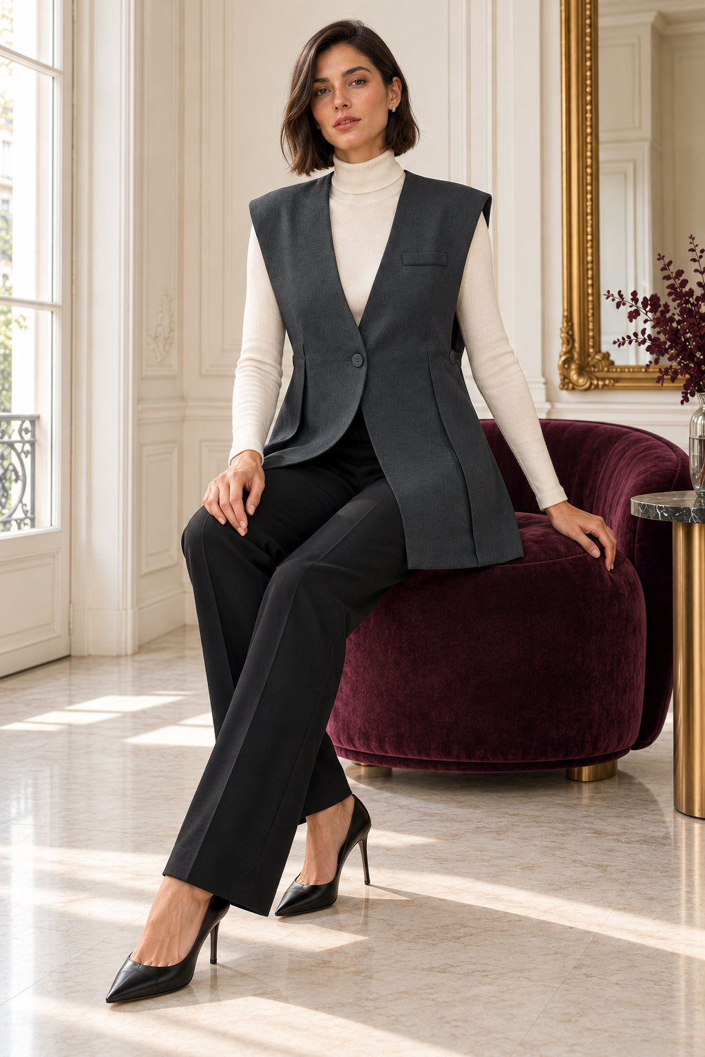 Lange mouwloze gilet antraciet – V-hals – Dames