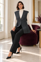 Lange mouwloze gilet antraciet – V-hals – Dames