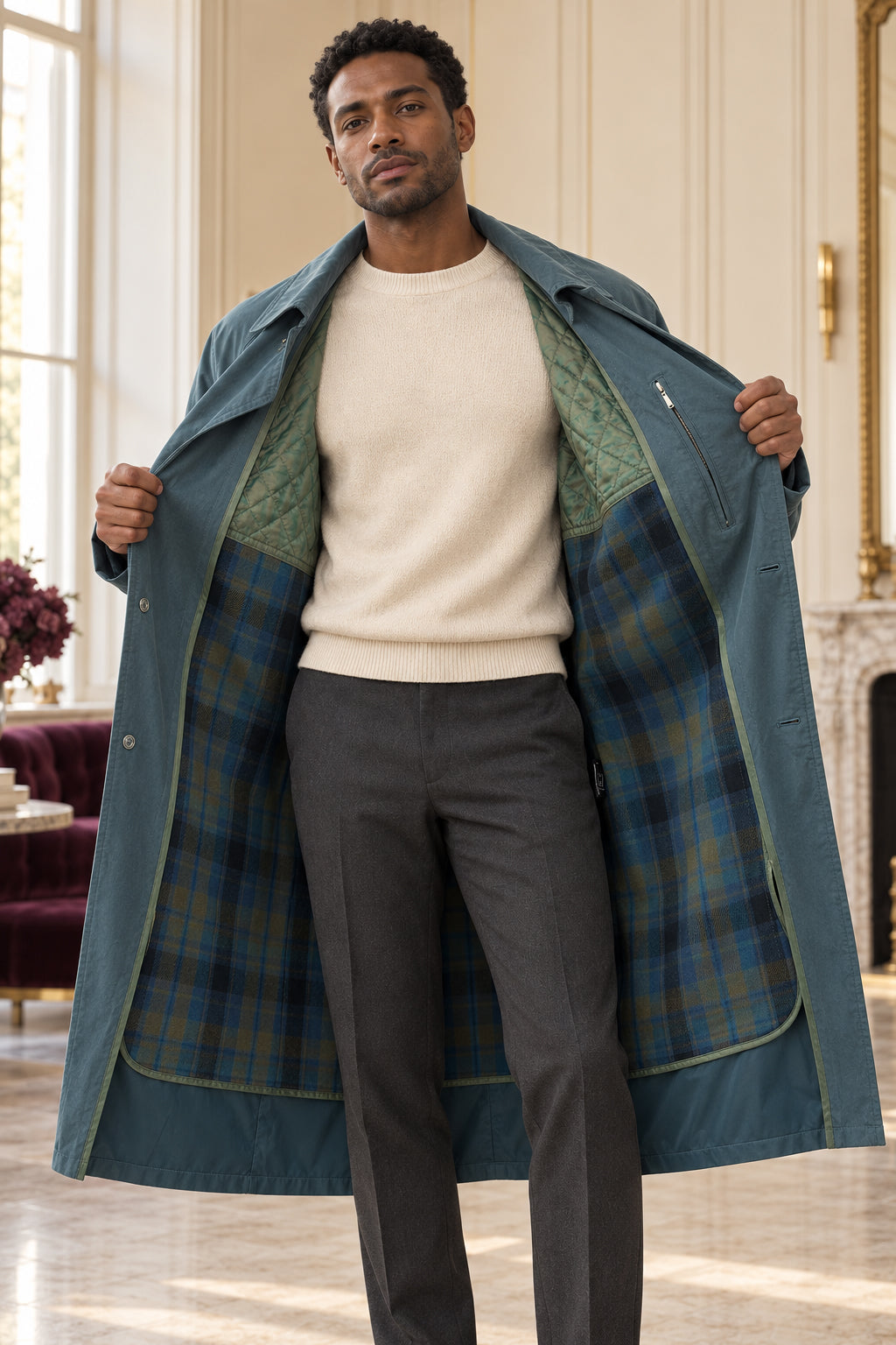 Trench ouvert sur la doublure tartan et matelassée intérieure