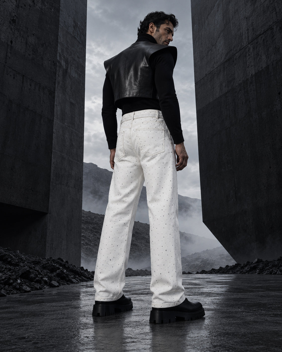 Homme de dos portant le jean à strass blanc DIFFERENT avec gilet en cuir noir, face à un paysage brumeux – DIFFERENT Paris