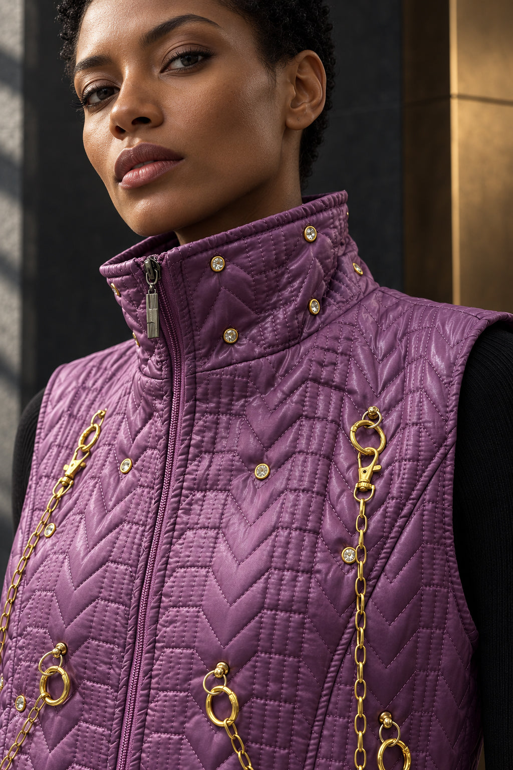 Col montant et fermeture zippée du gilet matelassé prune