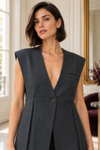 Lange mouwloze gilet antraciet – V-hals – Dames