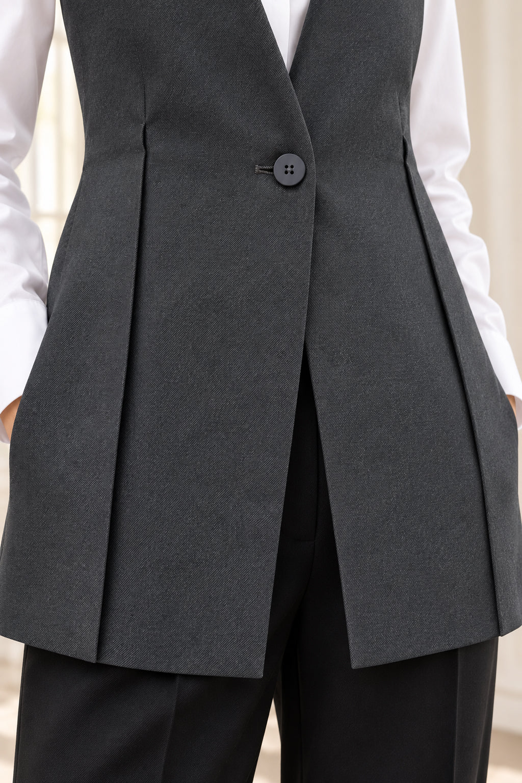 Lange mouwloze gilet antraciet – V-hals – Dames