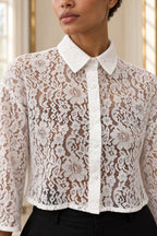 Détail du col chemise et du boutonnage du chemisier en dentelle blanc