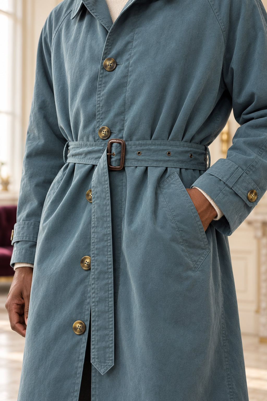Détail de la ceinture à boucle et de la poche du trench
