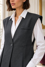Lange mouwloze gilet antraciet – V-hals – Dames