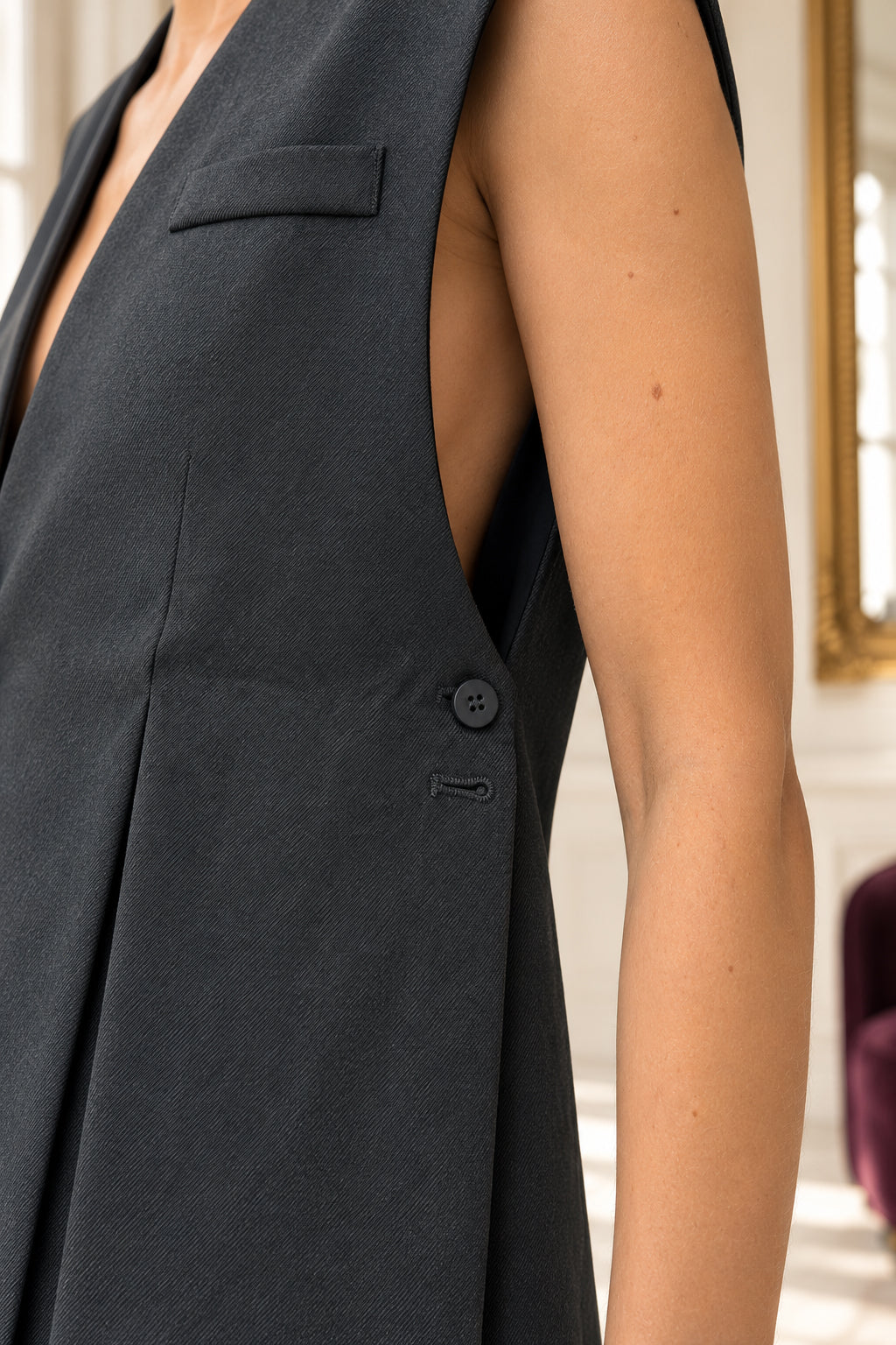 Lange mouwloze gilet antraciet – V-hals – Dames