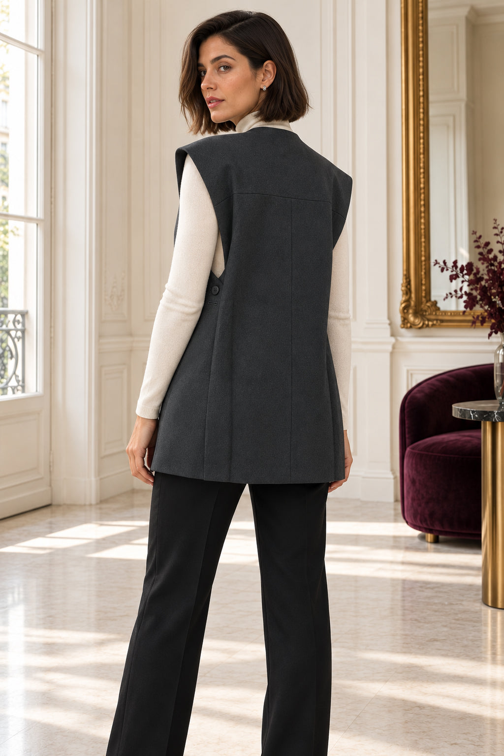 Lange mouwloze gilet antraciet – V-hals – Dames