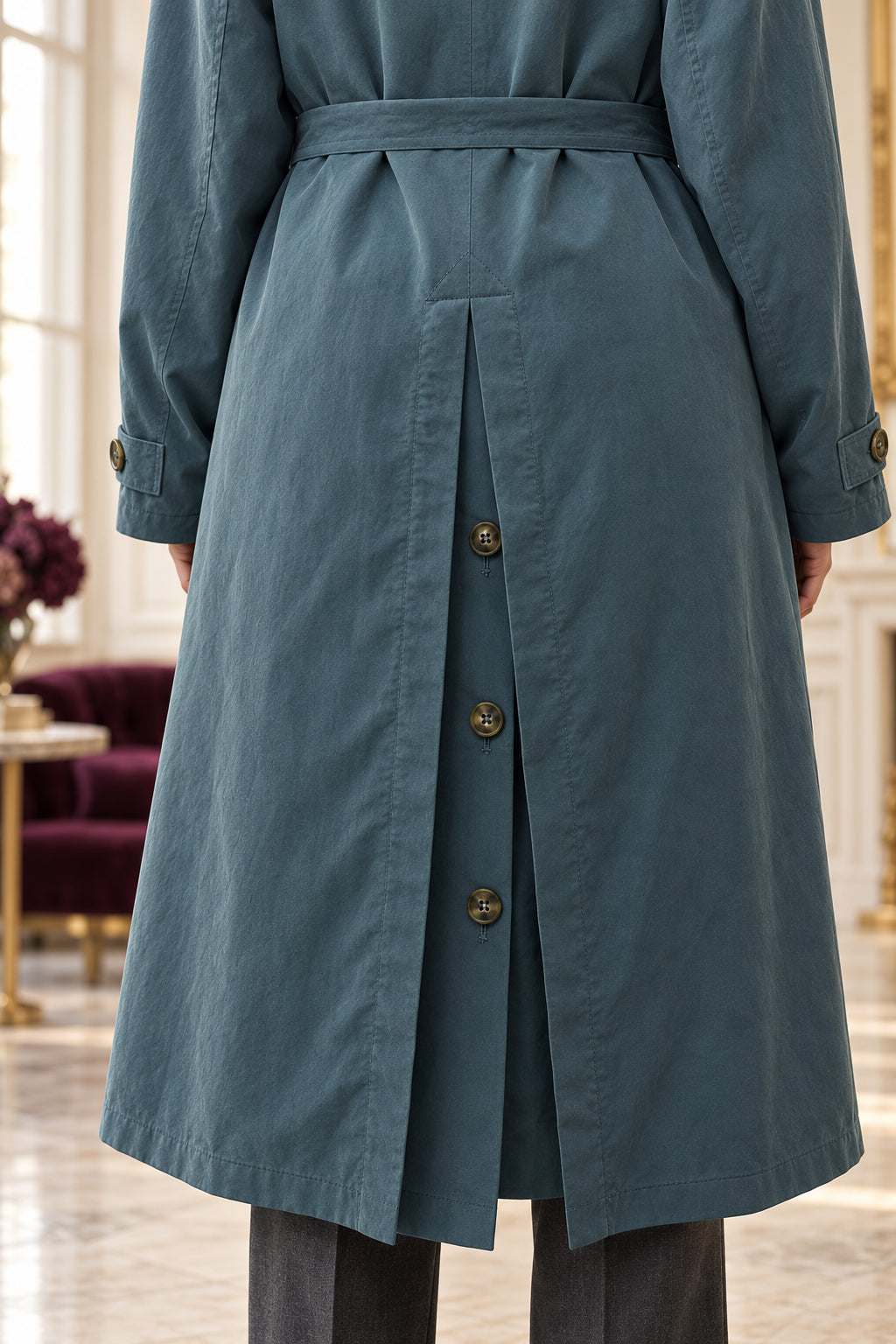 Dos du trench bleu pétrole avec fente boutonnée et ceinture