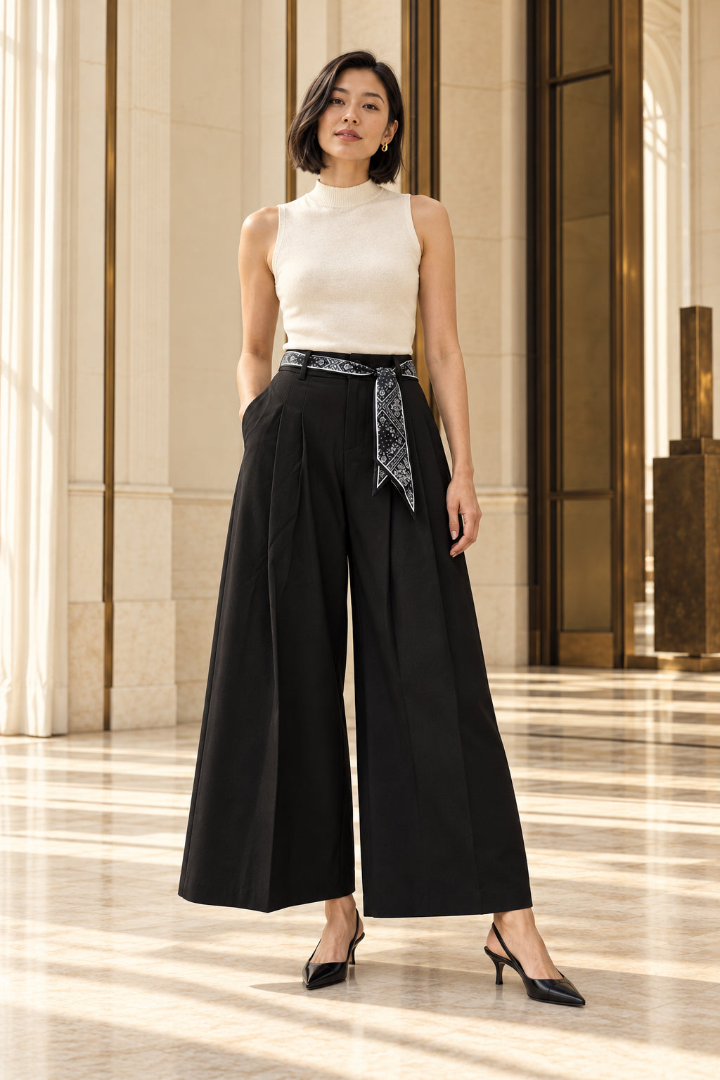 Pantalon noir style japonais avec foulard noué devant