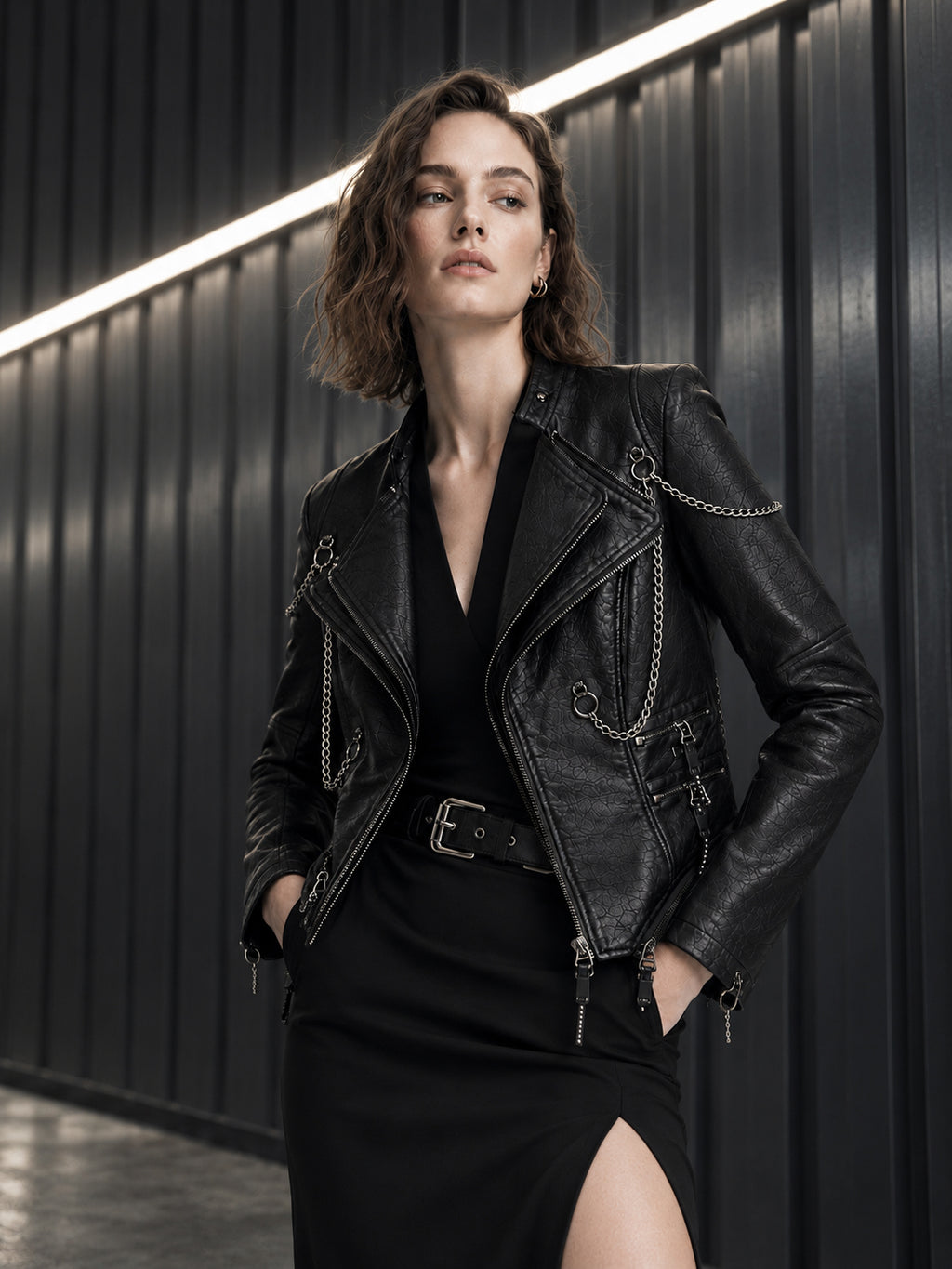 Femme portant la veste obsidienne à chaînes en simili cuir noir DIFFERENT avec robe noire fendue, devant un mur métallique – DIFFERENT Paris