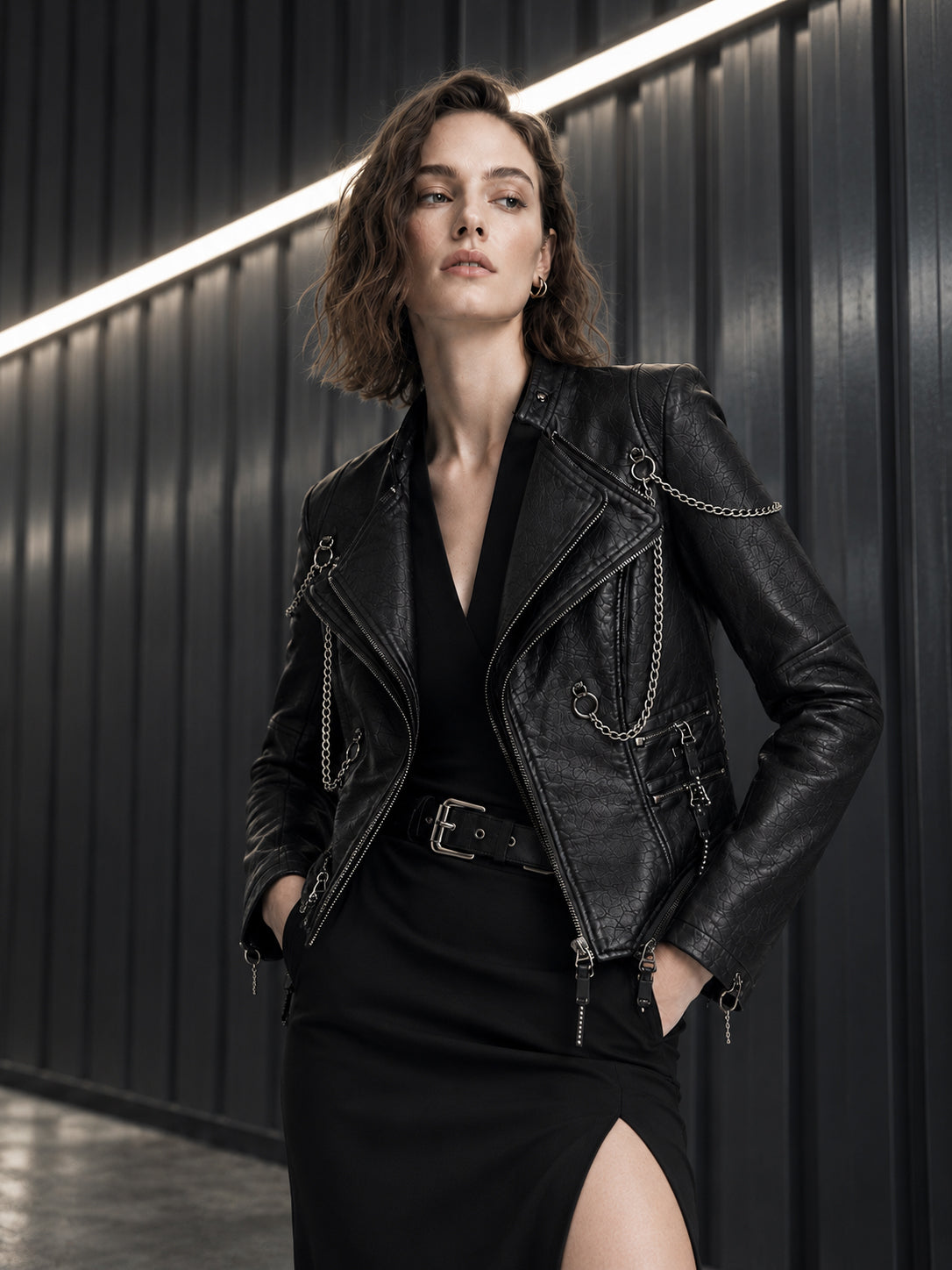 Femme portant la veste obsidienne à chaînes en simili cuir noir DIFFERENT avec robe noire fendue, devant un mur métallique – DIFFERENT Paris