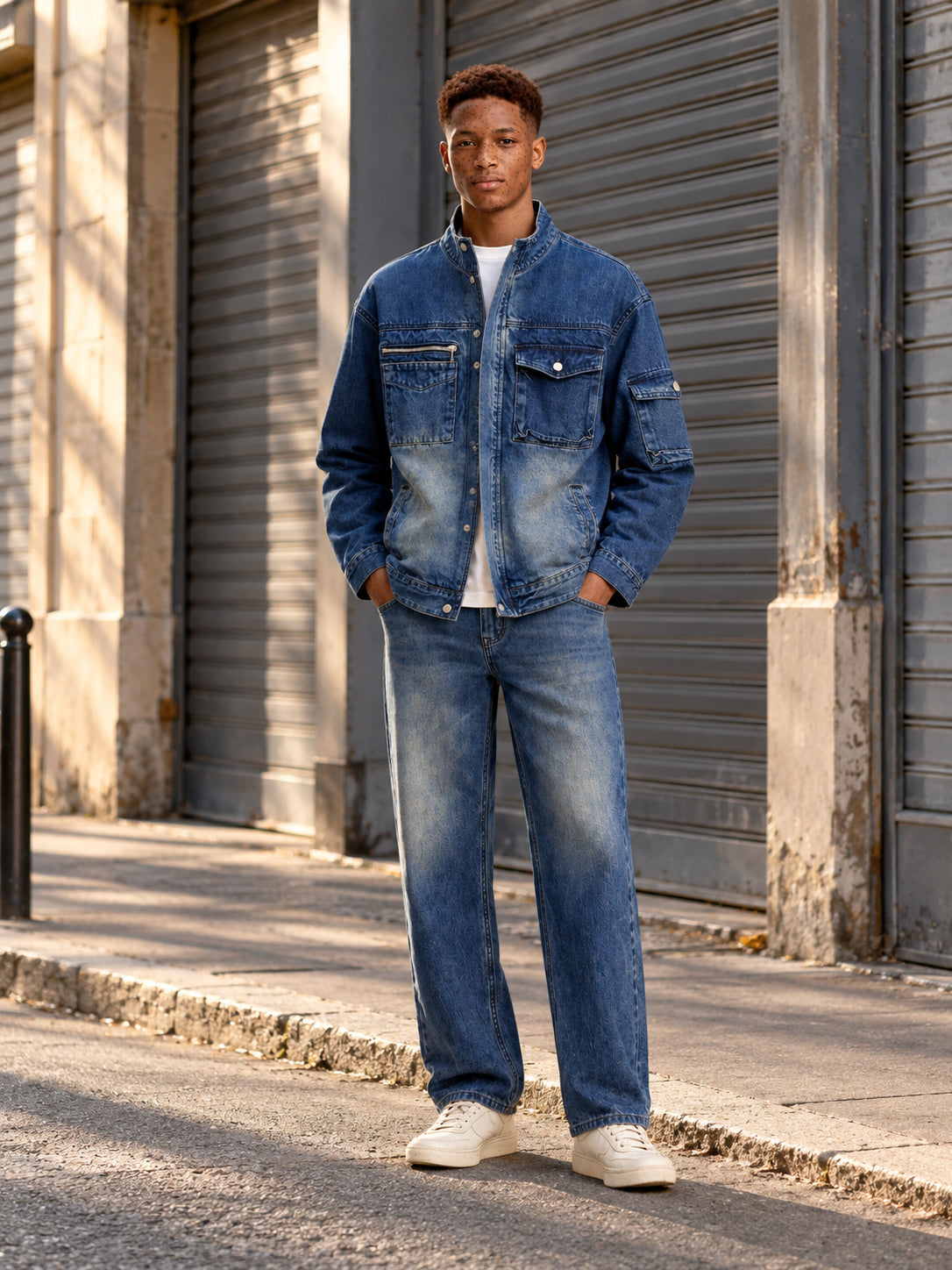 Homme portant l'ensemble jean bleu délavé DIFFERENT, veste denim et pantalon jean droit, dans la rue – DIFFERENT Paris