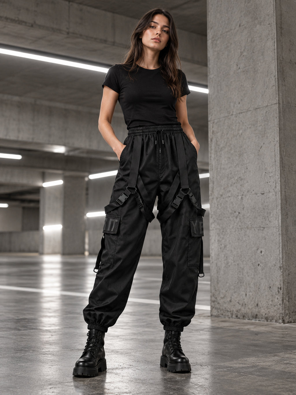 Femme portant le pantalon cargo noir à sangles DIFFERENT avec t-shirt noir et boots, dans un parking – DIFFERENT Paris