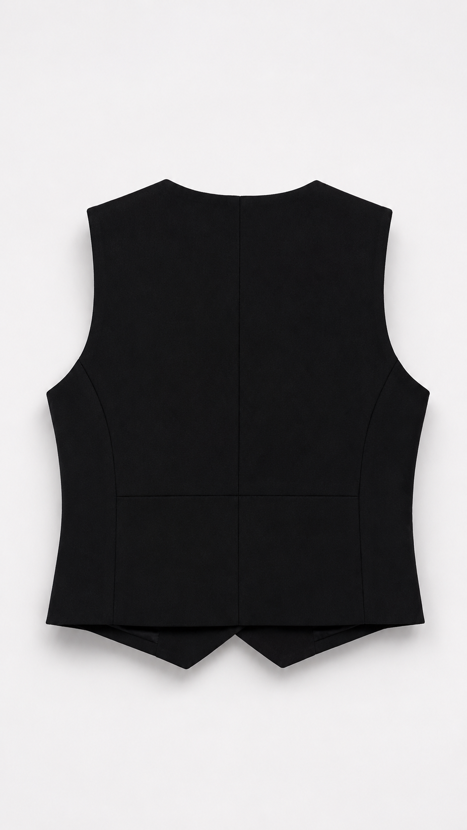 Dos du gilet noir sans manches avec coutures structurées et finition sobre, présenté à plat sur fond blanc.
