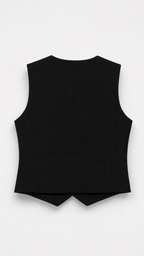 Dos du gilet noir sans manches avec coutures structurées et finition sobre, présenté à plat sur fond blanc.