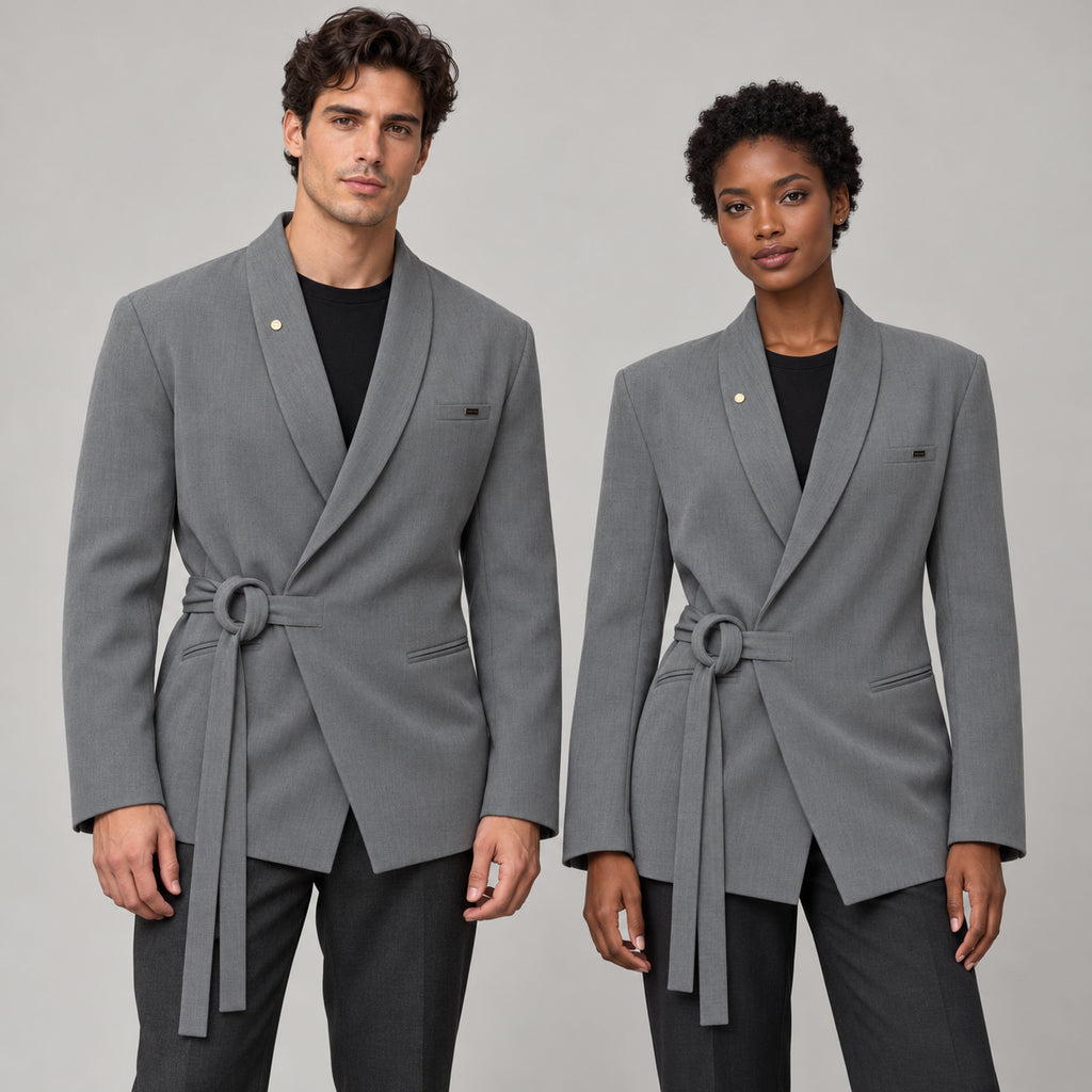 Homme et femme portant le blazer cintré à corde DIFFERENT en gris avec t-shirt noir, vue de face – DIFFERENT Paris