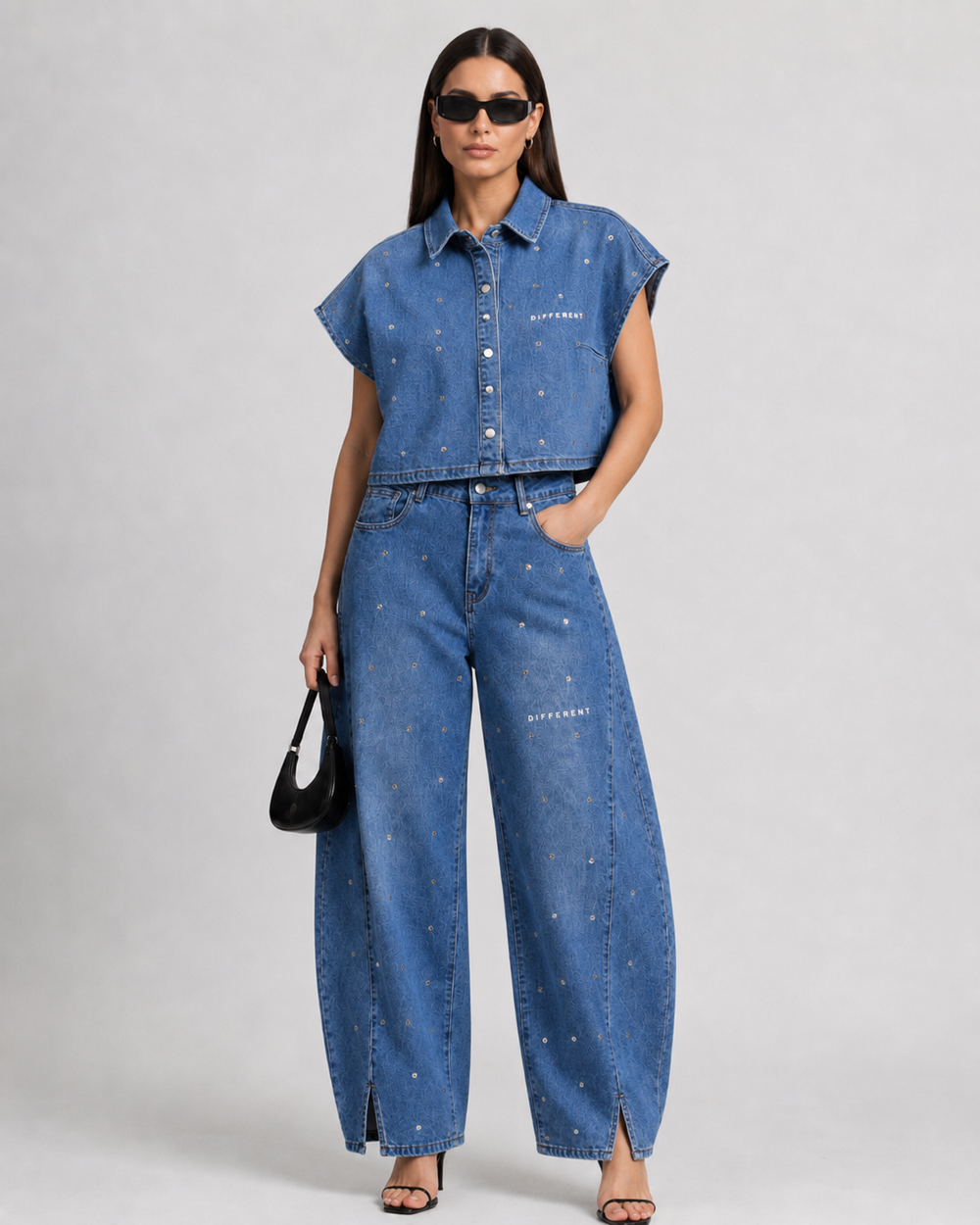 Ensemble Jean Denim femme DIFFERENT — Veste courte & jean ballon