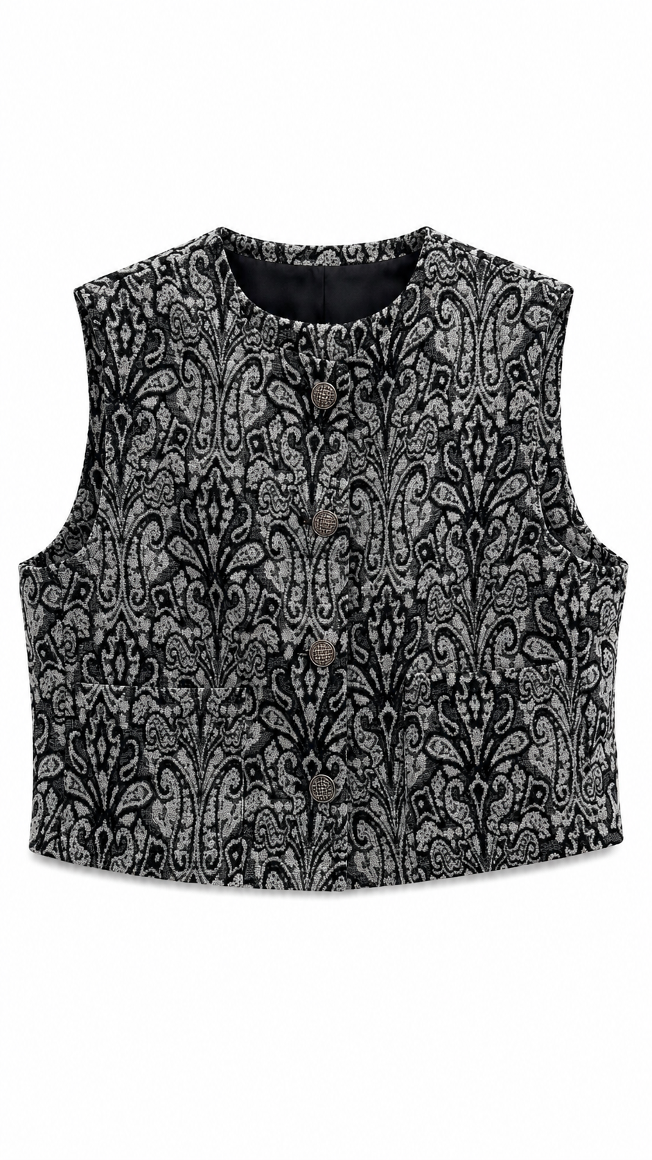 Gilet court sans manches noir et gris à motif baroque vu de dos sur fond blanc.