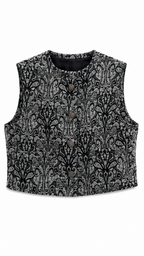 Gilet court sans manches noir et gris à motif baroque vu de dos sur fond blanc.
