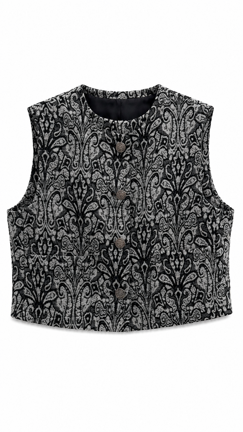 Gilet court sans manches noir et gris à motif baroque vu de dos sur fond blanc.