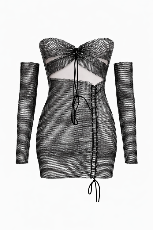 Sheer black diamond-mesh dress with removable sleeves and tie straps