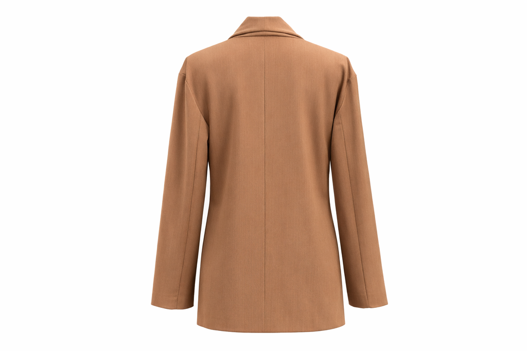 Flat lay dos studio Blazer cintré marron studio fond blanc édition limitée DIFFÉRENT