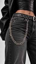 FUSION silver stainless steel trouser chain, curb-link chain and oval links, worn on black jeans