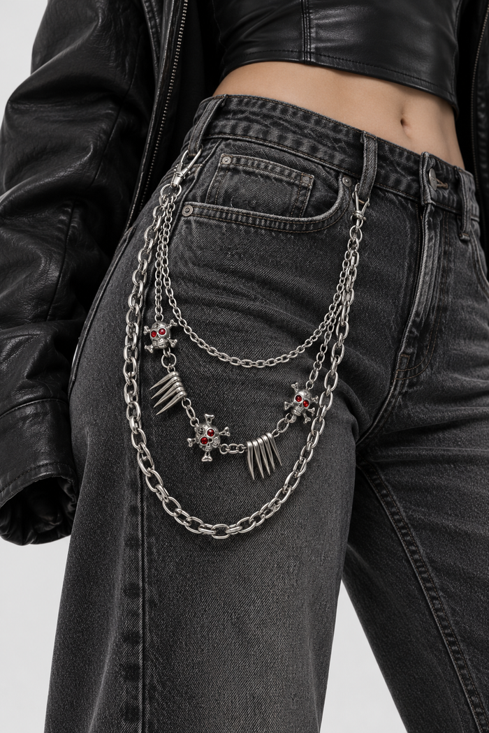 Chaîne de pantalon THORN DIFFERENT, triple rang et ornements à pointes, portée sur un jean