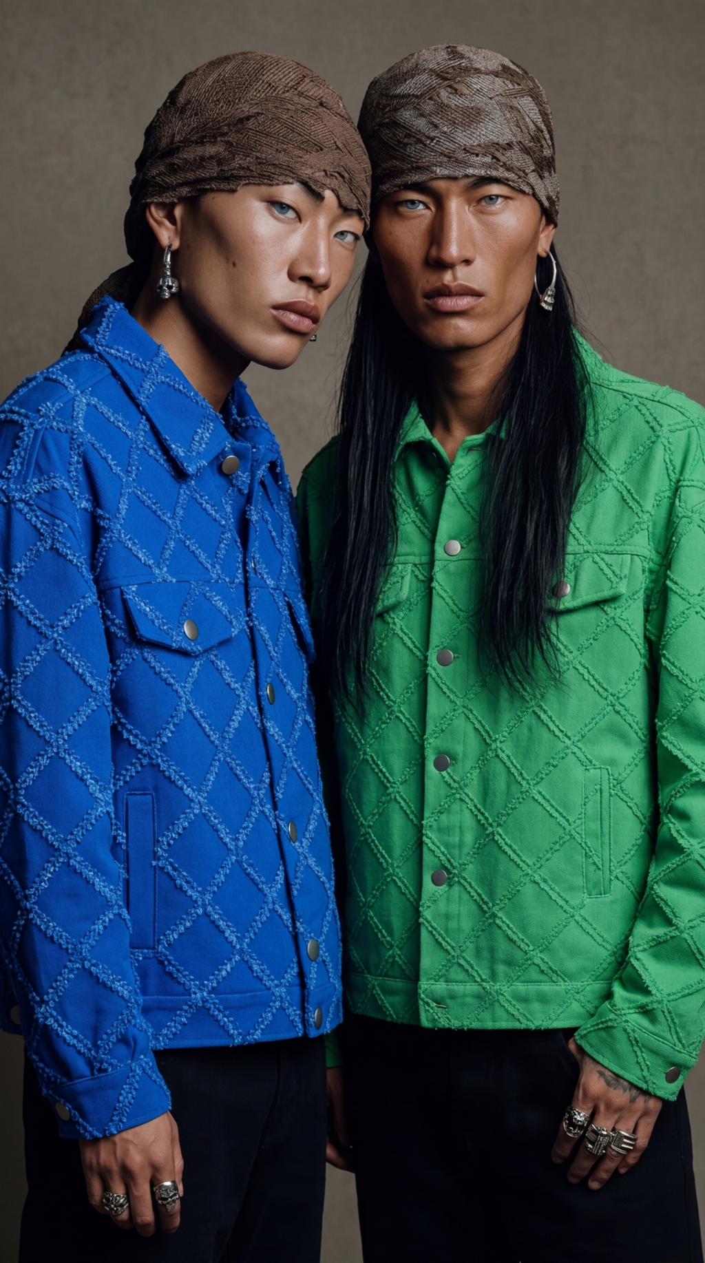 Duo looks portés de profil Veste unisexe coupe structurée style urbain bleu et vert — DIFFÉRENT