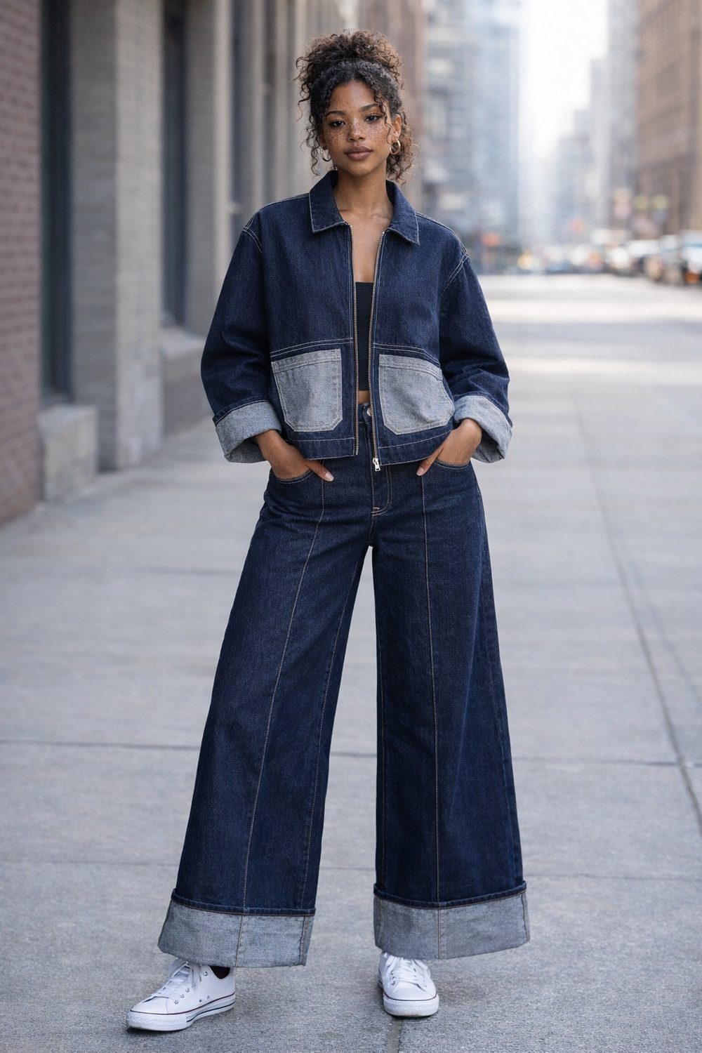 Ensemble en jean femme DIFFERENT porté dans la rue : veste courte et jean large brut