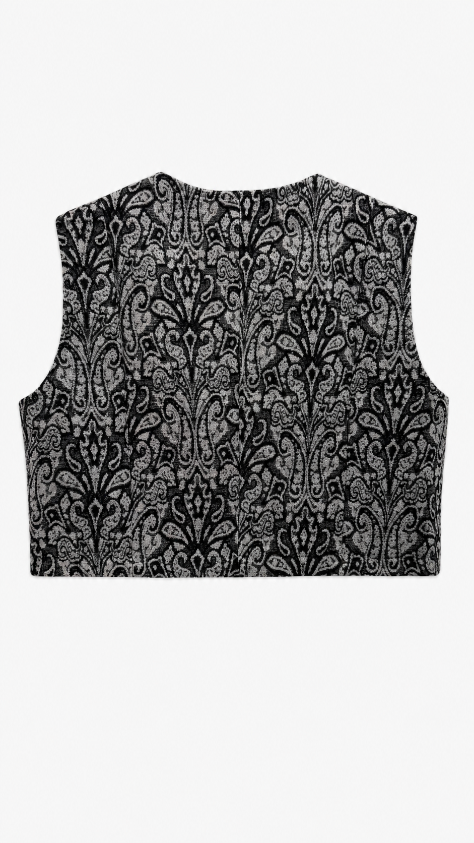 Gilet court sans manches noir et gris à motif baroque vu de dos sur fond blanc.