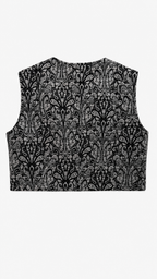 Gilet court sans manches noir et gris à motif baroque vu de dos sur fond blanc.