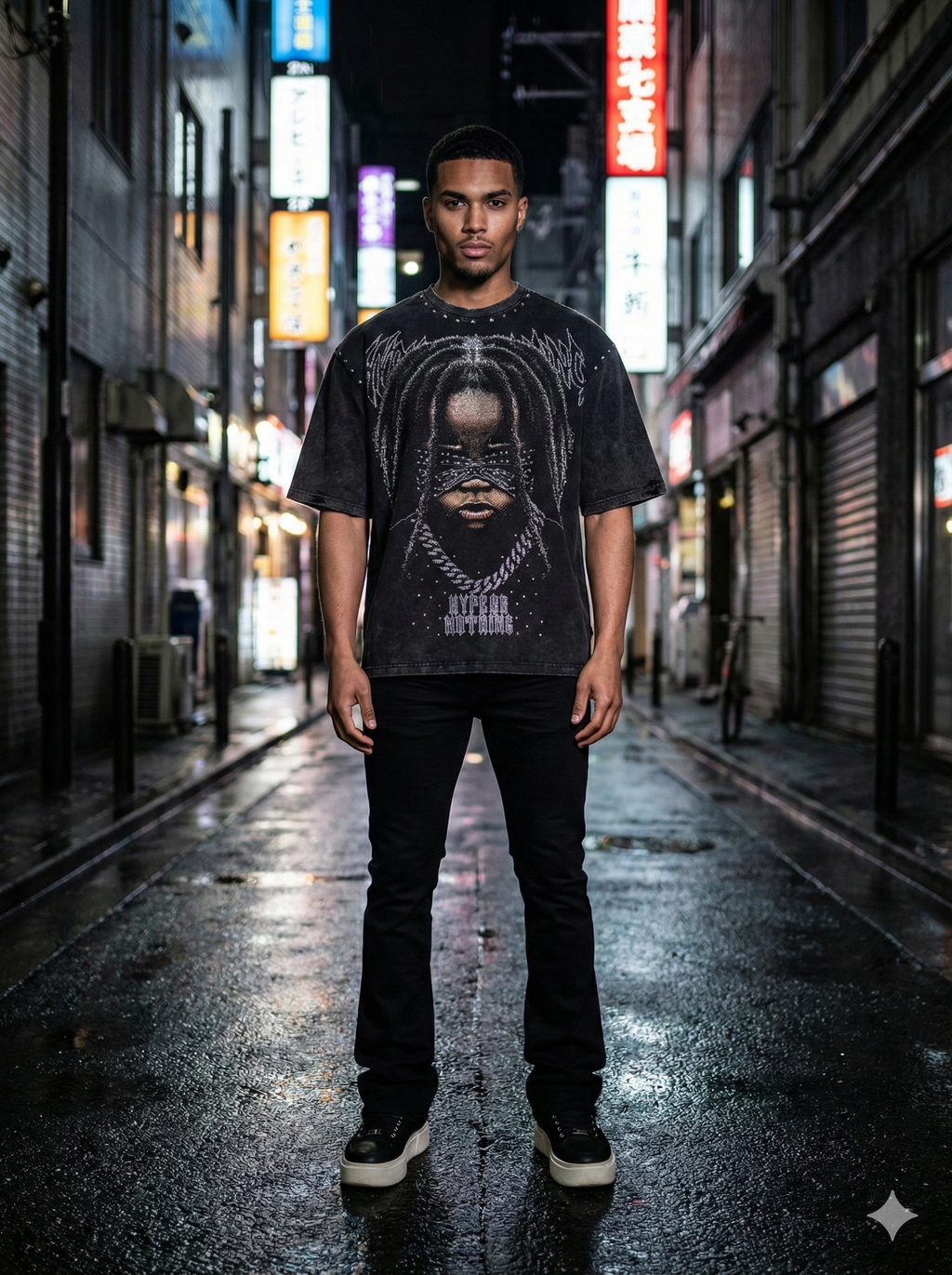 T-shirt Vintage Baby Hype oversize noir délavé porté par un homme de nuit en ville – DIFFERENT Paris