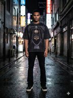 T-shirt Vintage Baby Hype oversize noir délavé porté par un homme de nuit en ville – DIFFERENT Paris