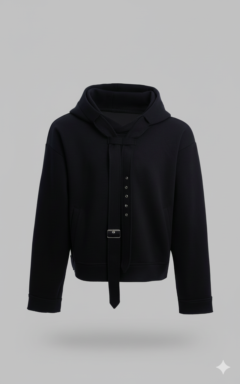 Sweat à Capuche Noir Structuré avec Sangle Métallique – DIFFERENT®