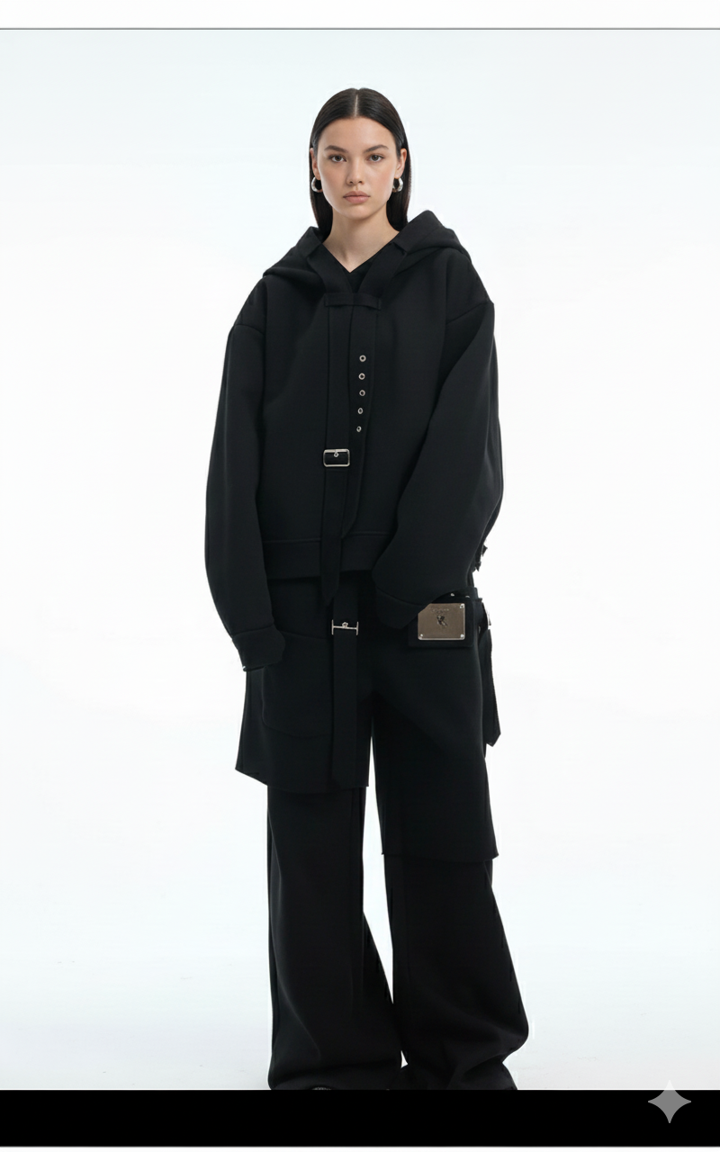 Sweat à Capuche Noir Structuré avec Sangle Métallique – DIFFERENT®