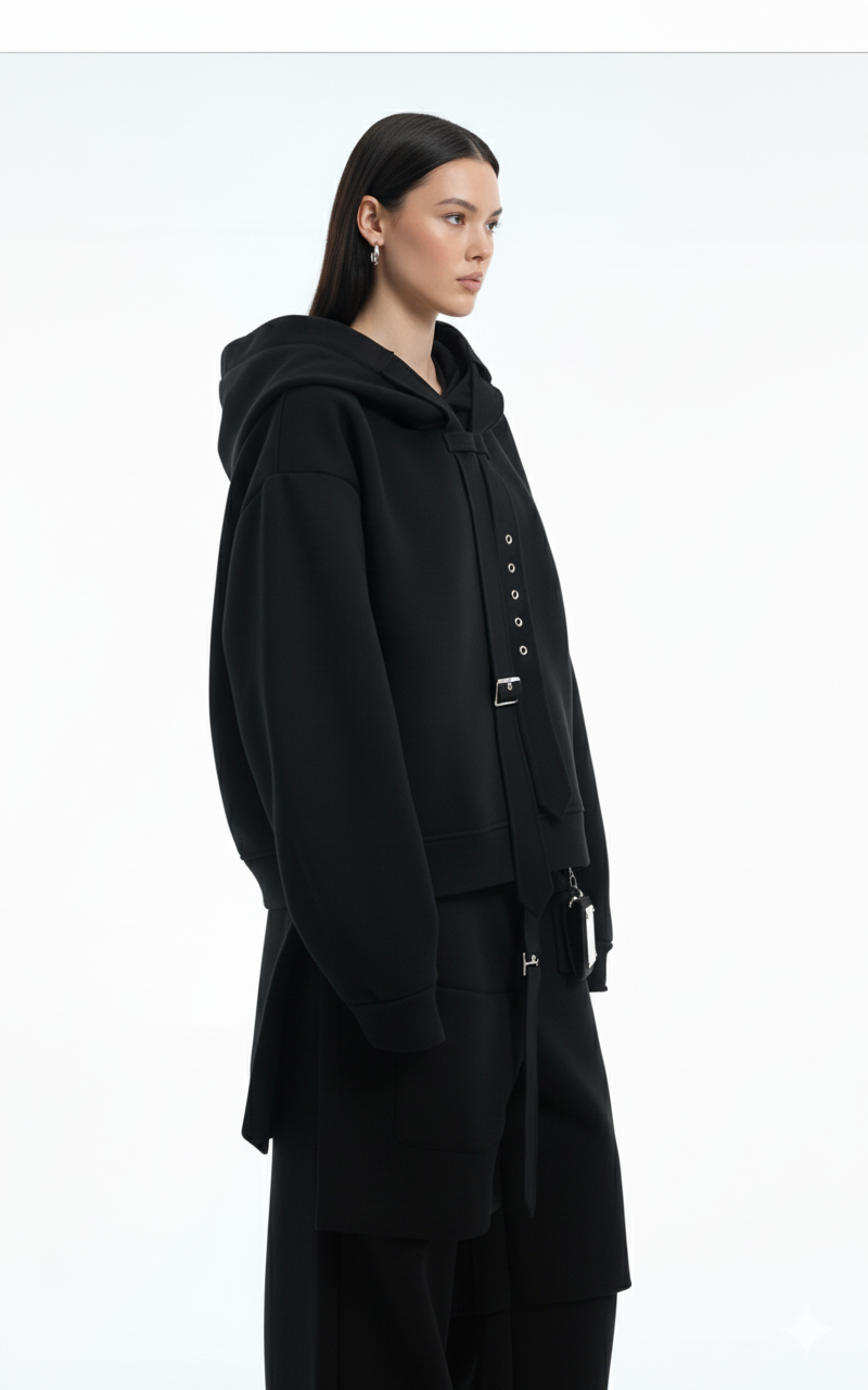 Sweat à Capuche Noir Structuré avec Sangle Métallique – DIFFERENT®